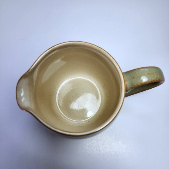 Denby Jug Creamer Pitcher Green Stoneware Pottery 12oz Tan Interior Brown Edges - Picture 8 of 9